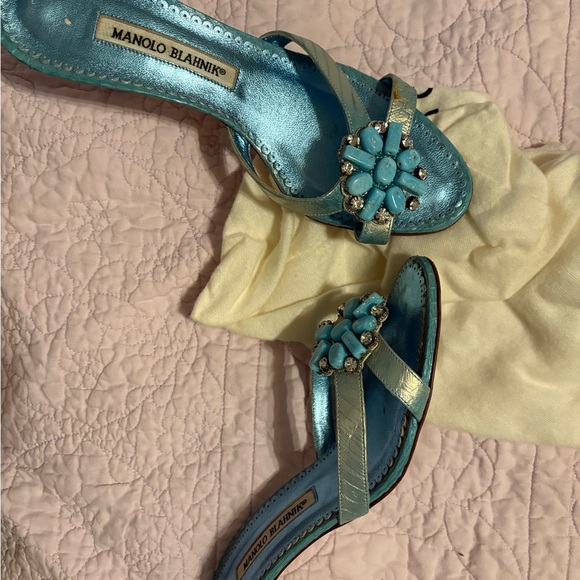 Manolo Blahnik Blue Satin Heels with Gem Detail - Picture 6 of 7